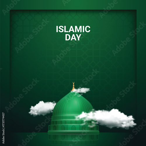 Green Mosque Dome Surrounded By Clouds With Islamic Day Text green dome