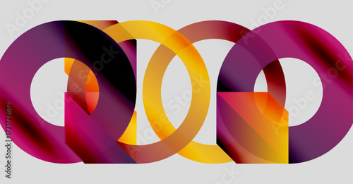 Abstract design features interlocking rings. Purple, gold hues create dynamic visual impact. Modern, minimalist aesthetic.