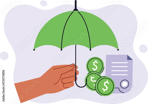 Financial insurance protection with umbrella and money isolated on white background