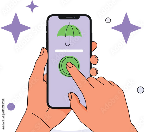 Hand holding smartphone with umbrella icon, insurance app concept isolated on white background