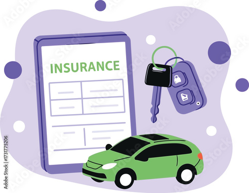 Car insurance policy with vehicle and keys isolated on white background