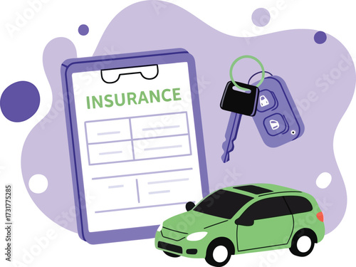 Car insurance concept with clipboard, car, and keys isolated on white background