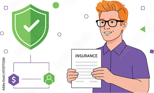 Man holding insurance policy with shield, representing protection isolated on white background