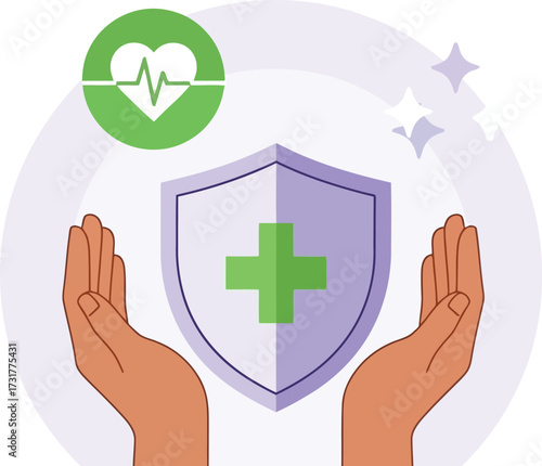 Hands holding a shield with a heart and cross, representing health insurance