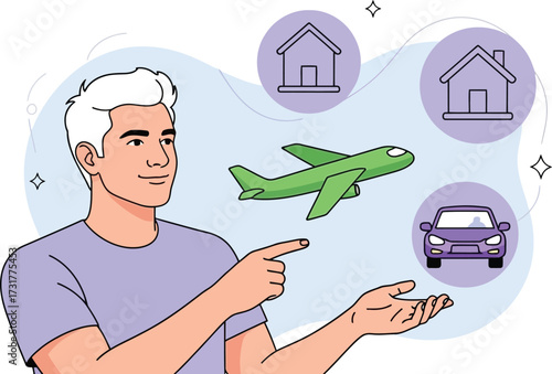 Man pointing at icons of house, airplane, and car, representing different insurances