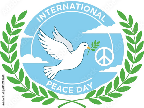 International peace day logo with dove, olive branch, and peace symbol isolated on white background