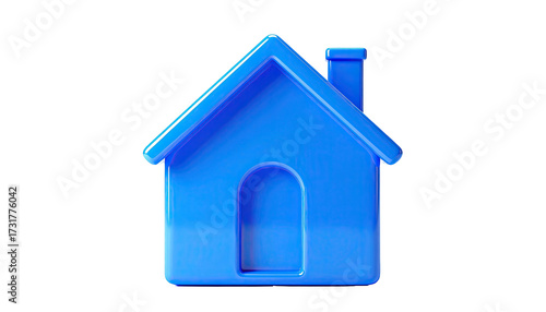 A glossy, 3D rendered, bright blue house icon with chimney and arched door