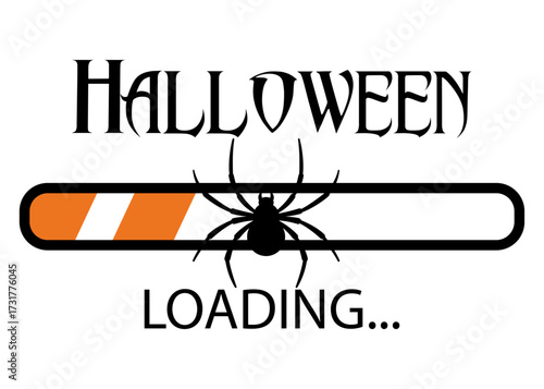 Logo con texto Halloween Loading con barra de progreso con araña. Banner de descarga para felicitaciones y tarjetas