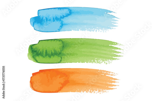 Watercolor Brush Stroke Set – Stylized Horizontal Strokes in Blue, Green, and Orange with Textured Edges and Opacity Variations – Minimal Vector for Art, Design, or Color Study Themes