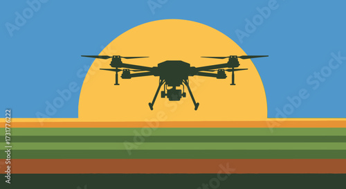 Silhouette of a drone in flight against a large sun.