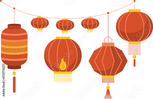 Red Chinese Lanterns Hanging on a String with Yellow Accents Keywords: chinese lantern, red