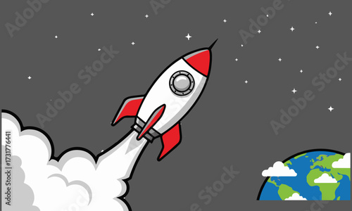 Cartoon Rocket Launching from Earth into Space Background