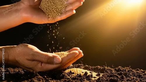 Hands gently pouring grain into soil under warm sunlight