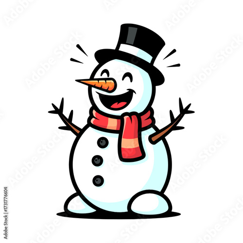 Joyful cartoon snowman character with a top hat and scarf smiling cheerfully