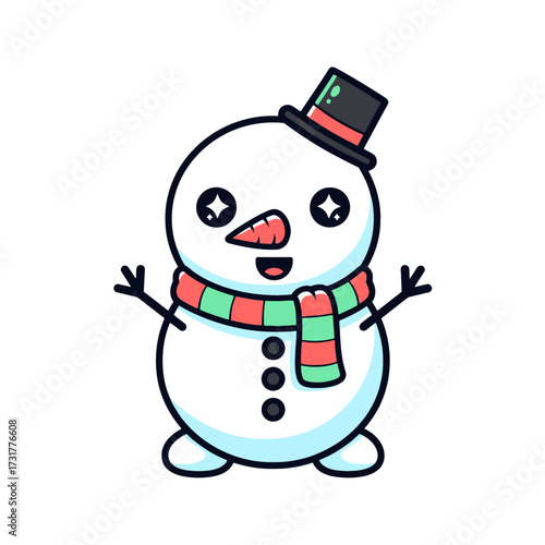 Cute cartoon snowman character with a top hat and scarf. Adorable winter holiday vector illustration