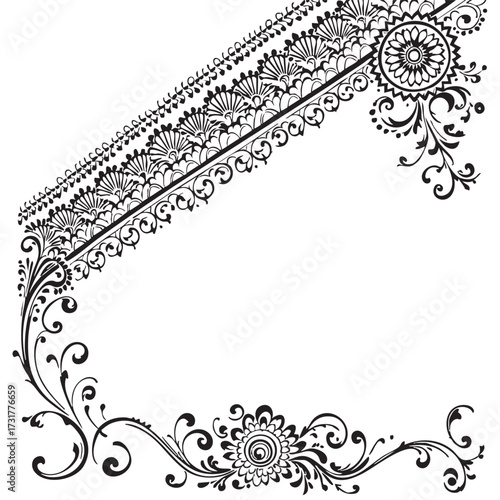 Floral Border Vector — Black and White Ornamental Design with Swirling Vines and Corner Motifs for Invitations and Decor