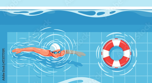 Swimmer in orange swimsuit with white cap and goggles swimming in a pool next to a life preserver.