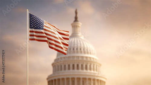 American flag waving in front of Capitol dome at sunset, symbolizing patriotism, politics, democracy, and national pride with strong copy space.
