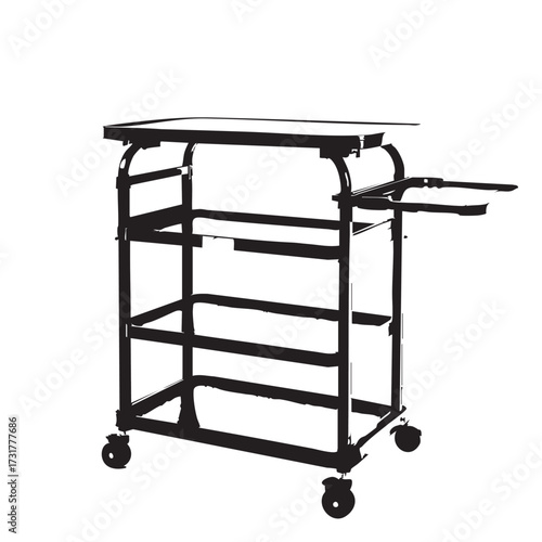 Utility Cart Vector — Black and White Illustration of Multi-Shelf Rolling Storage Cart with Side Tray and Caster Wheels