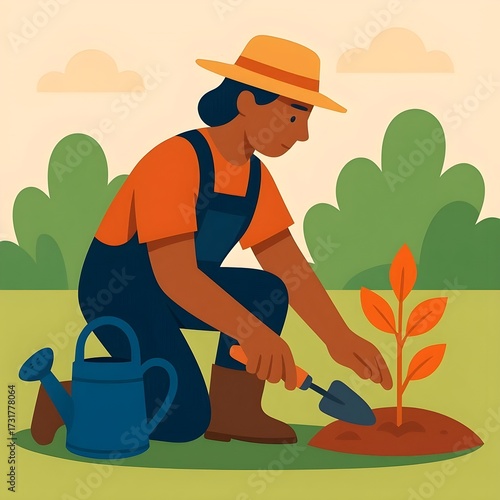 Flat vector illustration of gardener planting young seedling