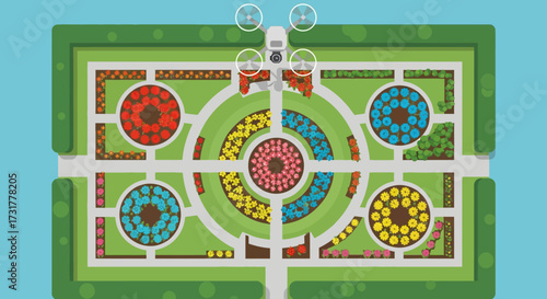 Top view of a formal garden layout with circular flower beds and pathways.