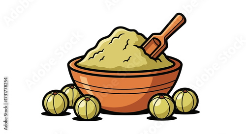 Illustration of amla powder in a bowl with a scoop and fresh amla fruits around bowl ingredients