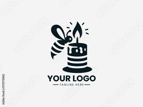 Artisan honey bee candle vector logo with glowing flame and honeycomb pattern for handmade brand