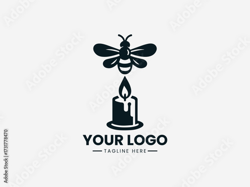 Artisan honey bee candle vector logo with glowing flame and honeycomb pattern for handmade brand