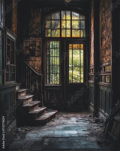 Decaying hallway with old stairs and weathered door