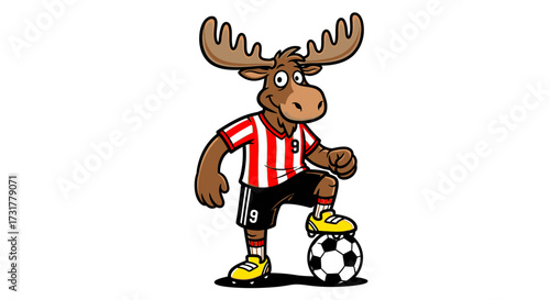 Cartoon Moose Mascot Character Playing Soccer and Wearing a Sports Uniform Ready to Compete