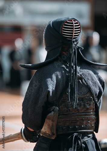 Kendo fighter in dark protective gear, back view