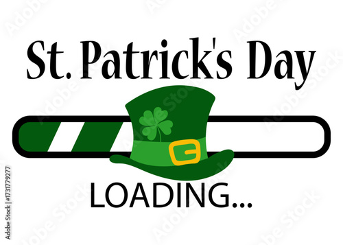Logo con texto St. Patrick's Day Loading con barra de progreso con sombrero de leprechaun. Banner de descarga para felicitaciones y tarjetas