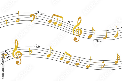 Flowing Musical Staff Illustration – Stylized Wavy Sheet Music with Treble Clefs and Gold & Black Notes – Minimal Vector for Decorative, Artistic, or Music-Themed Design Projects