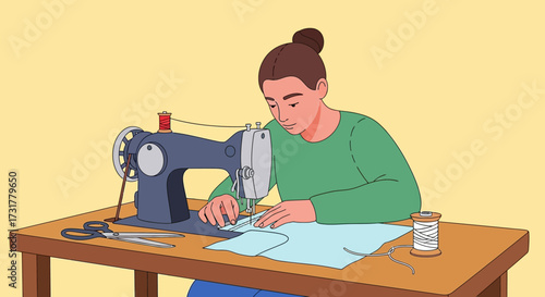 Woman sewing on a vintage sewing machine at a wooden table.