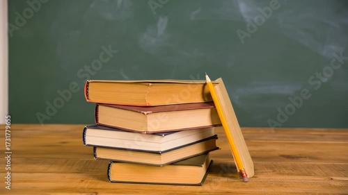 Stack of books on a wooden table with a chalkboard background