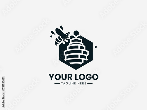 Detailed honey bee hive vector logo with hexagonal comb and active bees for community organization