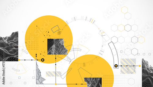 Minimal abstract composition with wireframe mountains, geometric hexagons, dots, and lines.