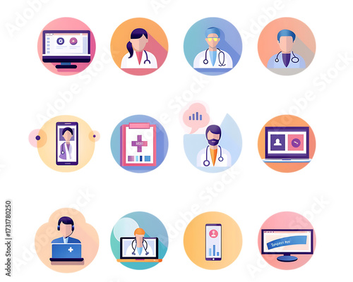 Icons depicting online medical consultations and healthcare professionals on devices