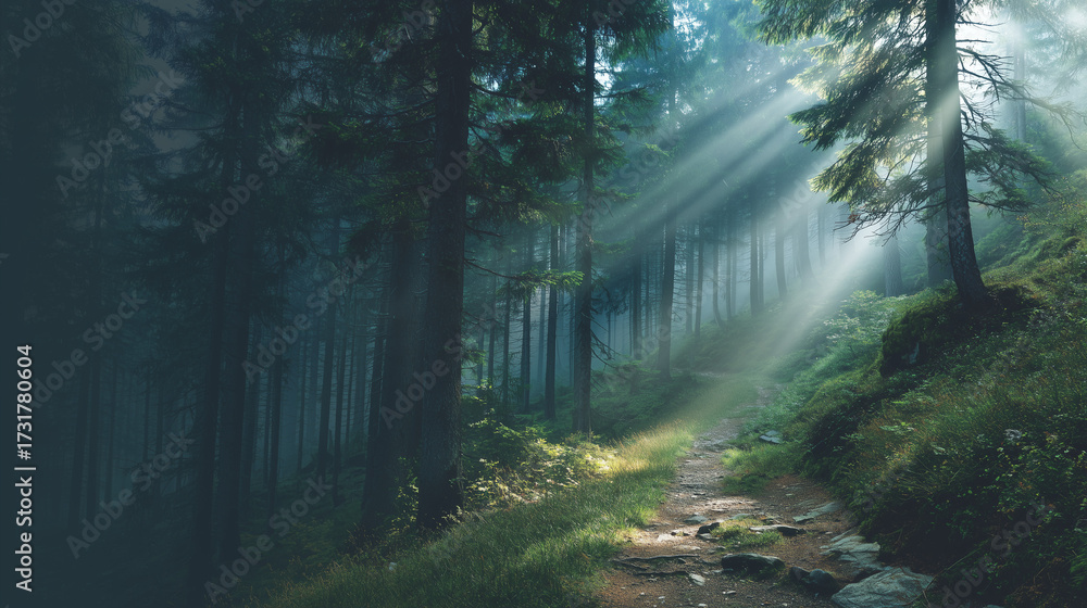 Obraz premium Forest Path with Sun Rays Breaking Through Morning Mist