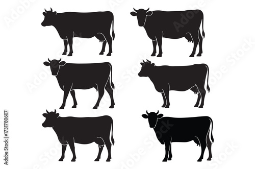 Monochrome Array of Silhouette Cows Depicting Dairy Livestock Farming and Agricultural Cattle Breeds for Milk Production and Animal Husbandry