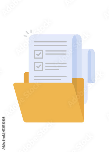 Checklist, Report with folder, paper sheet with complete to do list checkmarks, survey or questionnaire test form, assess or evaluation document.
