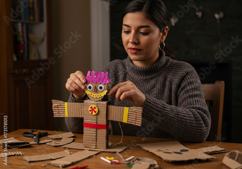 Creative woman crafting a playful cardboard robot, bringing imagination to life with recycled materials at home