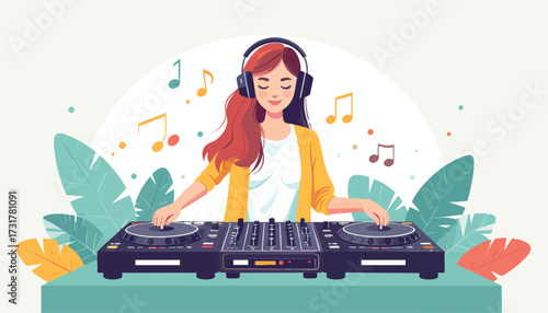 Illustration of a female DJ with headphones mixing music on a console with tropical leaves and musical notes in the background