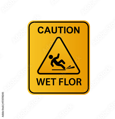 Wet floor signs. Hazard slippery surface wet floor sign. Caution orange signs plate. Vector