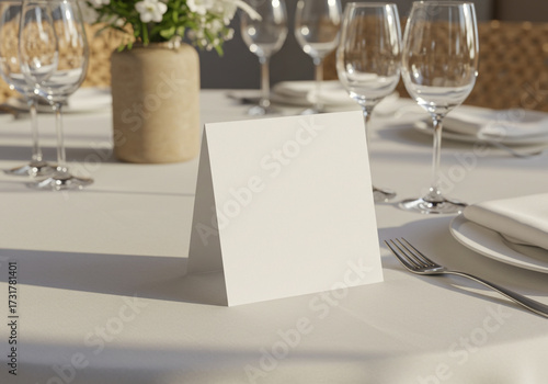 Elegant blank place card awaits personal touches on a beautifully set dining table with wine glasses and floral arrangement