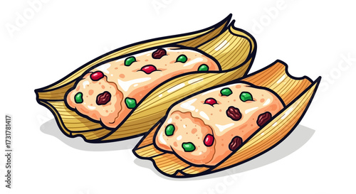 Delicious tamales illustration with red and green fillings in corn husks ready to be enjoyed
