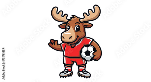 Cartoon moose character mascot in a red soccer uniform holding a soccer ball