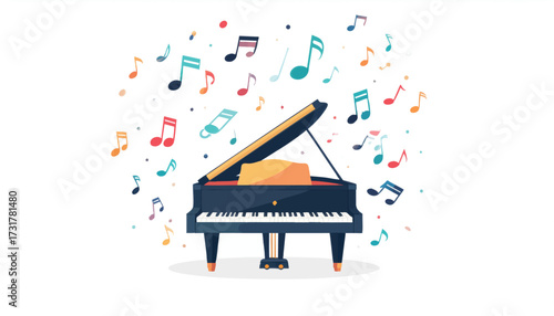 Grand piano with musical notes swirling around it, representing the joy and creativity of music