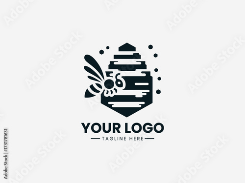 Detailed honey bee hive vector logo with hexagonal comb and active bees for community organization