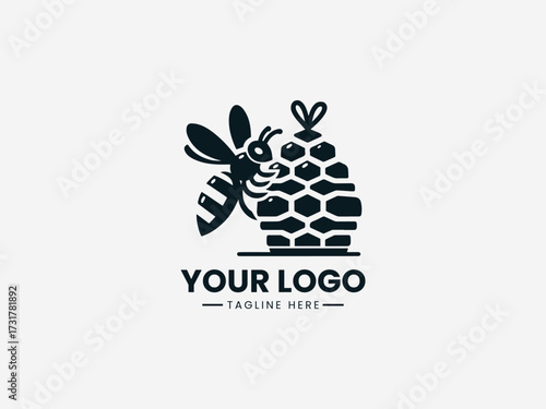 Detailed honey bee hive vector logo with hexagonal comb and active bees for community organization